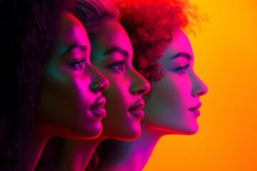 Colorful poster showcasing multiracial women profiles in modern style.