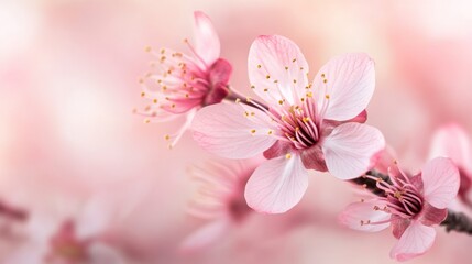 Naklejka premium A close-up of a single cherry blossom flower with intricate details, showcasing its soft pink hue and delicate structure against a blurred background of blooms