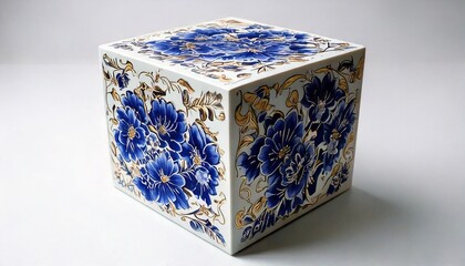 Obraz premium Porcelain-Inspired Blue Floral and Gold Accents on Glossy White Cube