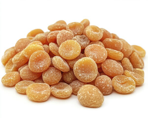 Fototapeta premium Dried apricots in pile, showcasing their vibrant orange color and unique texture. These sweet, chewy fruits are perfect for snacking or adding to various dishes