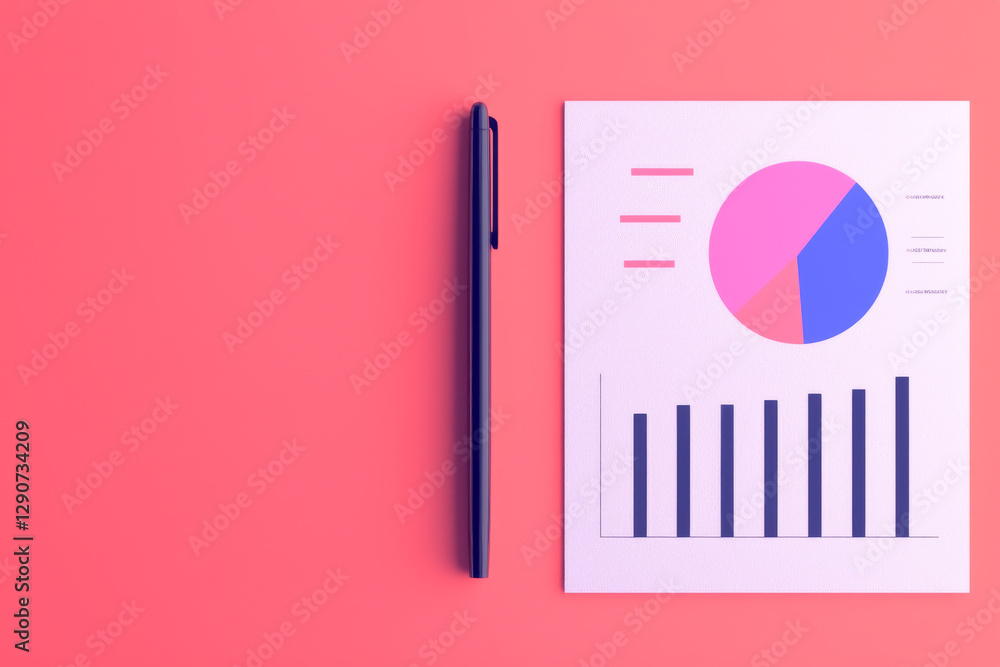 Poster colorful graphs and charts displayed on a clean workspace with a pen.