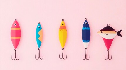 Colorful fishing lures displayed on a pink background showcasing various designs and shapes