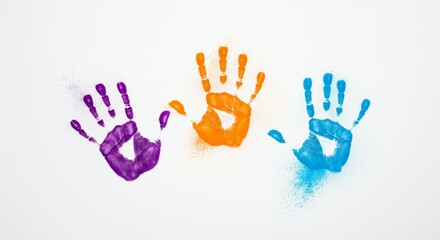 Fototapeta premium Vibrant handprints in Holi colors pressed onto a clean white background for community event posters or child-friendly themes.