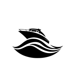 Sleek black vector illustration of a boat on white, featuring waves, minimalist and stylized style.