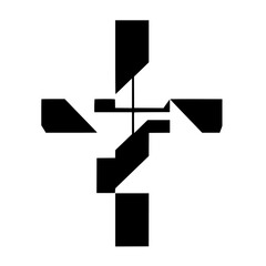 Abstract Composition of a black shape in a white background, geometrical, minimalistic, cross-shaped.