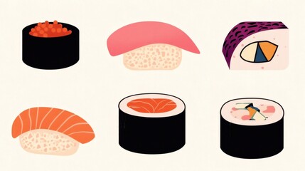 Various types of sushi displayed on a neutral background during a culinary presentation