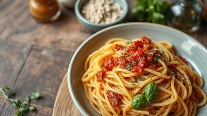 Delicious Bowl of Spaghetti with Rich Tomato Sauce and Fresh Basil Garnish on Rustic Wooden Table