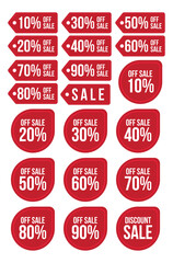 Red discount sale labels with percentages suitable for marketing promotions, retail businesses, website banners, social media posts, and advertising campaigns.