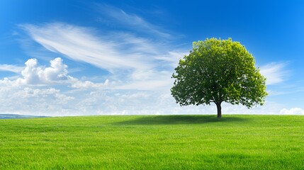 Single Tree in a Green Field Under a Blue Sky