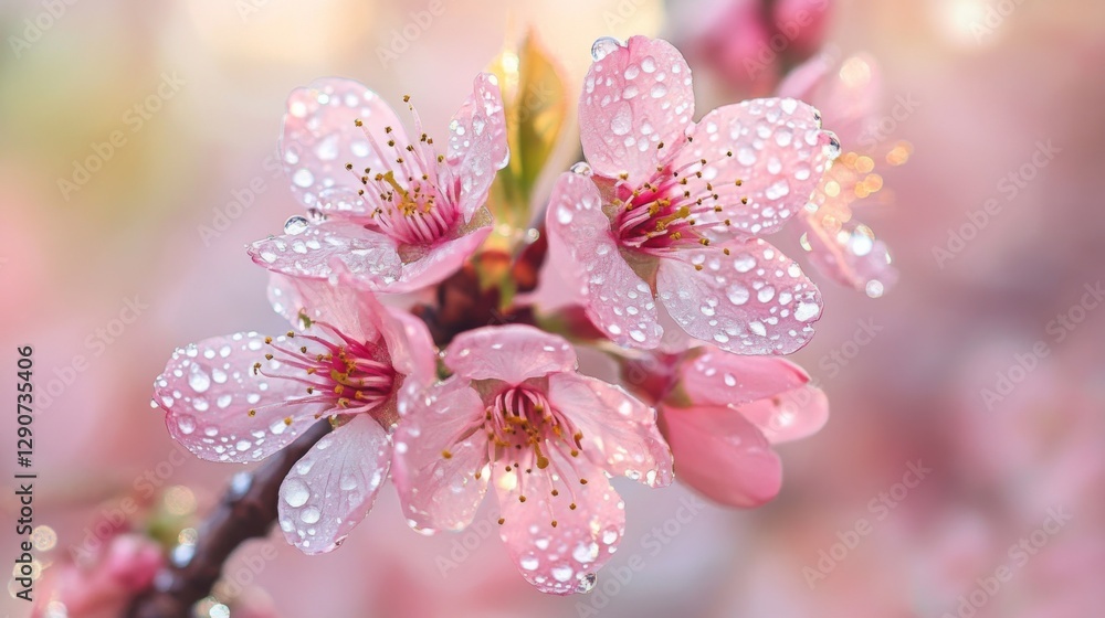 Aufkleber a close-up shot of cherry blossoms with dew droplets glistening on the petals, highlighting the intr
