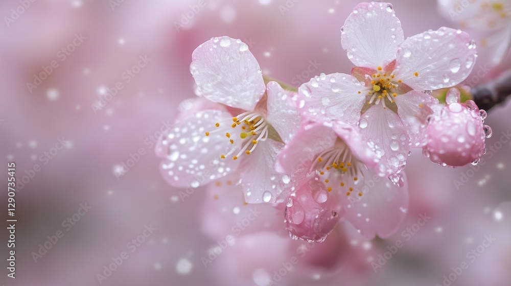 Aufkleber a close-up shot of cherry blossoms with dew droplets glistening on the petals, highlighting the intr