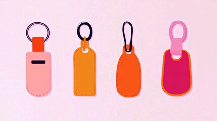 Colorful collection of assorted keychains displayed against a pastel background showcasing various shapes and designs