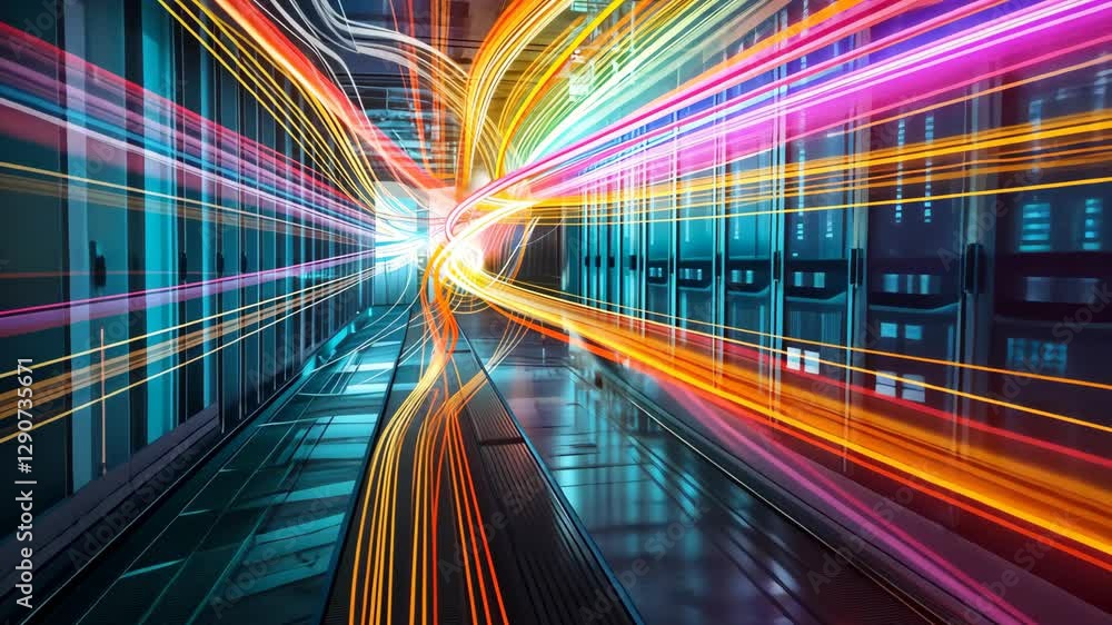 Poster neon light trails illuminate a modern data center, creating a dynamic and colorful environment that 