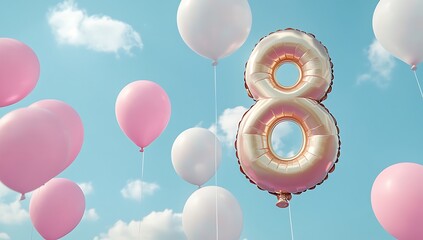  Gold Number 8 Balloon Floating Among Pastel Pink and White Balloons Against Blue Sky