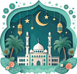 Paper style grand mosque and crescent moon Eid al Fitr.Generative AI.