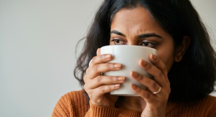 Thoughtful young woman drinking coffee from large mug indoors