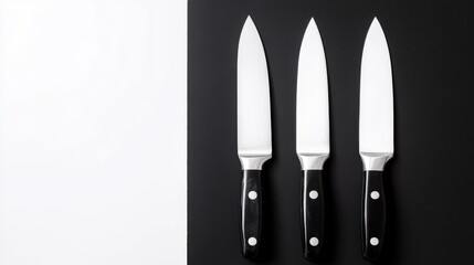 Sharp and sleek knives arranged on modern cutting board