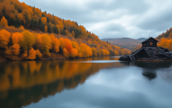Scenic autumn landscape with a wooden cabin on a rock surrounded by a lake and colorful trees.