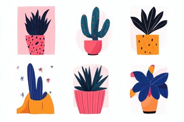 Colorful collection of abstract plant illustrations in various pots on a white background