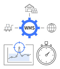 Gear with WMS links warehouse, pallet truck, global network, graph, and stopwatch. Ideal for logistics planning, warehouse efficiency, supply chain, time management data analysis inventory