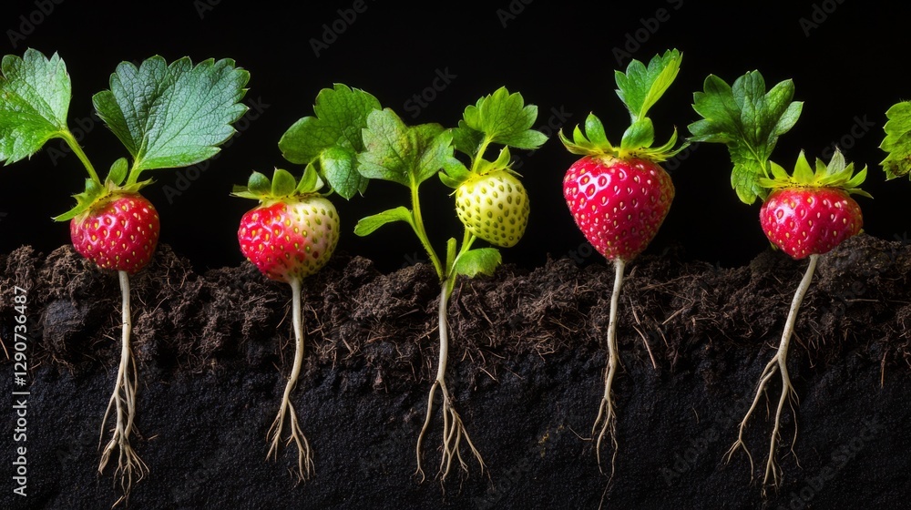 Aufkleber a detailed image of the intricate roots of strawberry plants emerging from the soil, showcasing the 