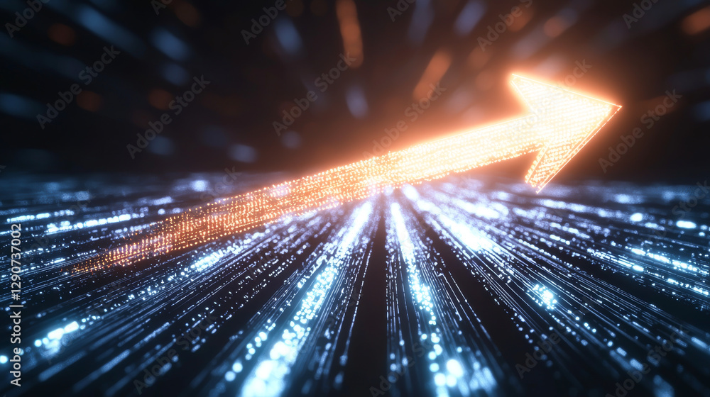 Poster dynamic abstract arrow in glowing light, symbolizing direction and growth in technology.