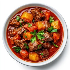 A single, detailed Hungarian goulash, on a pure white background, highlighting its natural imperfections with professional studio lighting, featuring tender beef and paprika-rich broth.