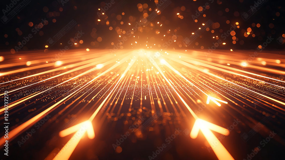 Poster dynamic light rays and arrows represent speed, innovation, and digital progress.