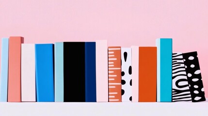 Variety of colorful books arranged on a shelf with a pastel pink background showcasing unique cover designs