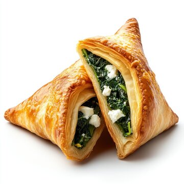 A single, detailed Lebanese fatayer pastry, on a pure white background, highlighting its natural imperfections with professional studio lighting, filled with spinach and feta cheese.