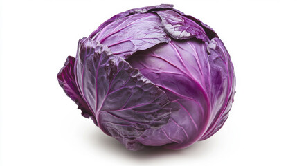 Obraz premium Fresh red cabbage head isolated on white background, showcasing its vibrant color and unique texture, perfect for healthy dishes and salads