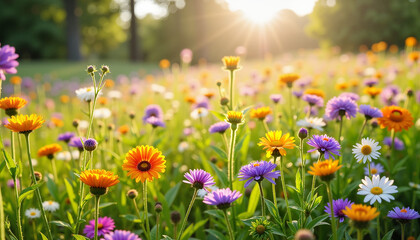 Obraz premium A close-up of colorful wildflowers bathed in golden sunset light, highlighting the natural beauty of spring.