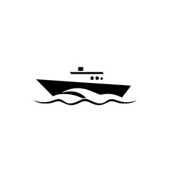 Boat Design: Sleek Black Boat Silhouette Cruising Waves on a White Background.