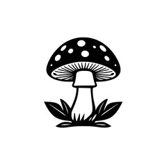 Black-and-White Illustration of a Mushroom with Leaves, centered against a white backdrop, showcasing a minimalistic style.