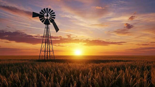 A peaceful sunset with a windmill in a wheat field