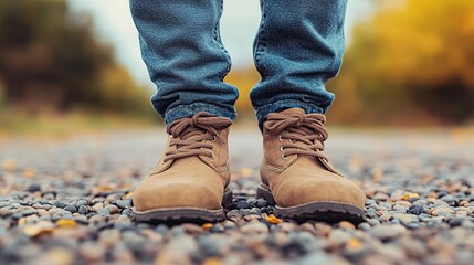 Close-up of person's boots and jeans on a rocky path. Boots are laced, and jeans are cuffed at the ankle. Colors are earthy tones.