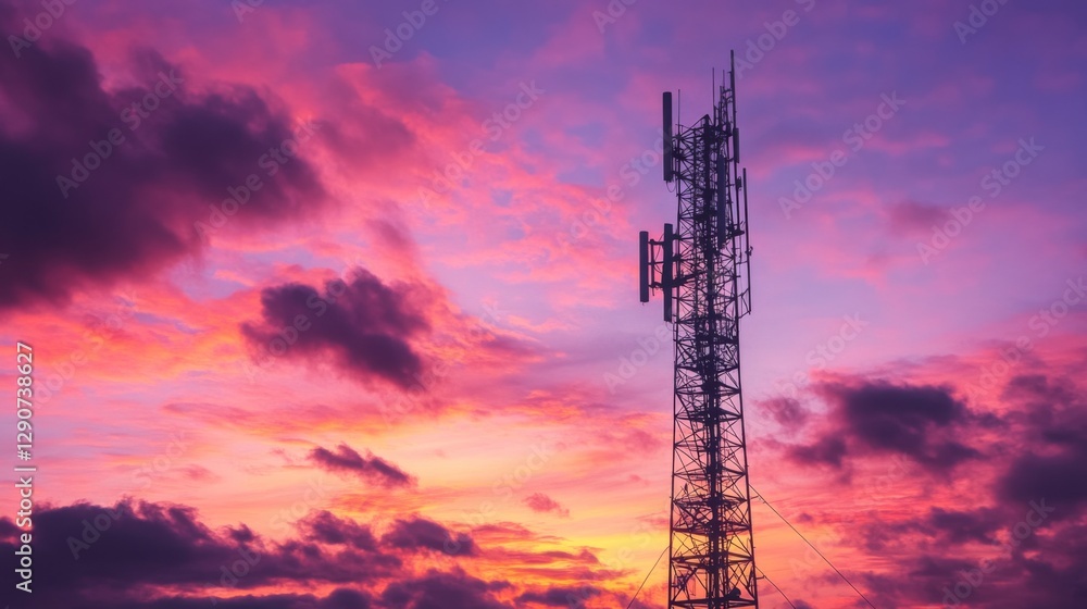 Poster a dramatic silhouette of a signal tower at sunset, framed by colorful clouds, creating a striking co