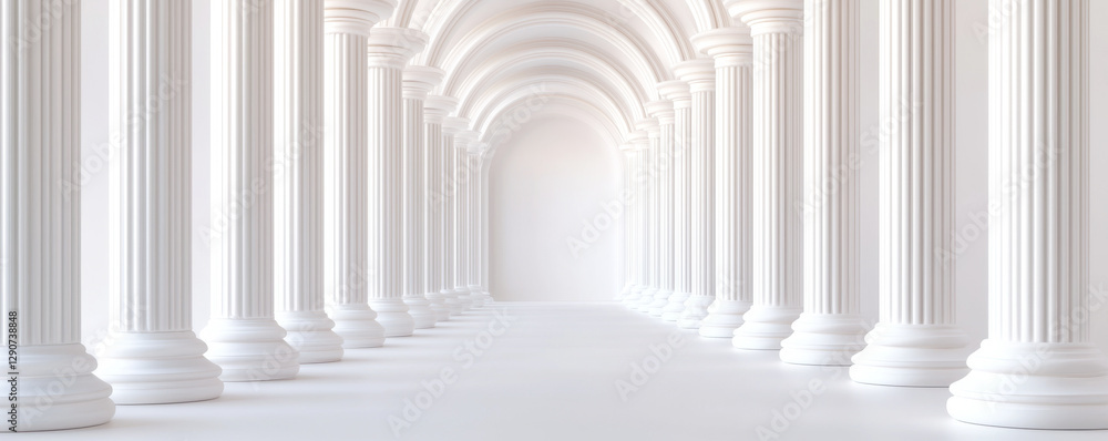 Poster elegant white columns create a peaceful and serene passageway in a minimalist environment.