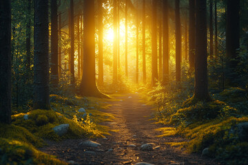Obraz premium 신비로운 아침 햇살이 비추는 숲속 산책길