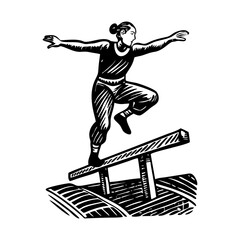 Gymnast standing on balance beam, vintage illustration