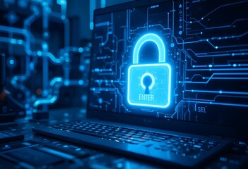Futuristic digital security concept with a glowing lock icon, a computer keyboard with a highlighted enter key, and abstract neon blue lines symbolizing cyber protection, high-tech technology