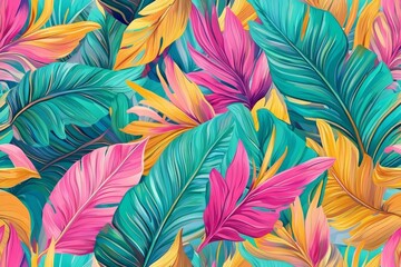 Fototapeta premium Tropical seamless pattern featuring exotic leaves and plants.