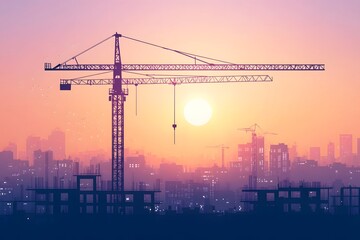 Industrial painting of tower crane long arm and building materials under sunset