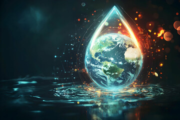 Obraz premium A unique representation of Earth inside a glowing droplet, highlighting the connection between water and planet.