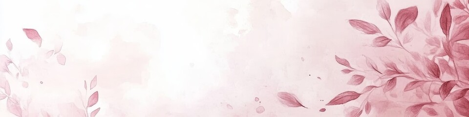 Gentle Watercolor Banner, Sketchy Leaves, Pastel Pink, Beige, Soft Floral Background, Copy Space