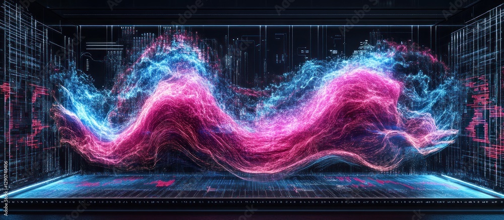Wall mural digital data wave visualization, futuristic tech background. stock photo