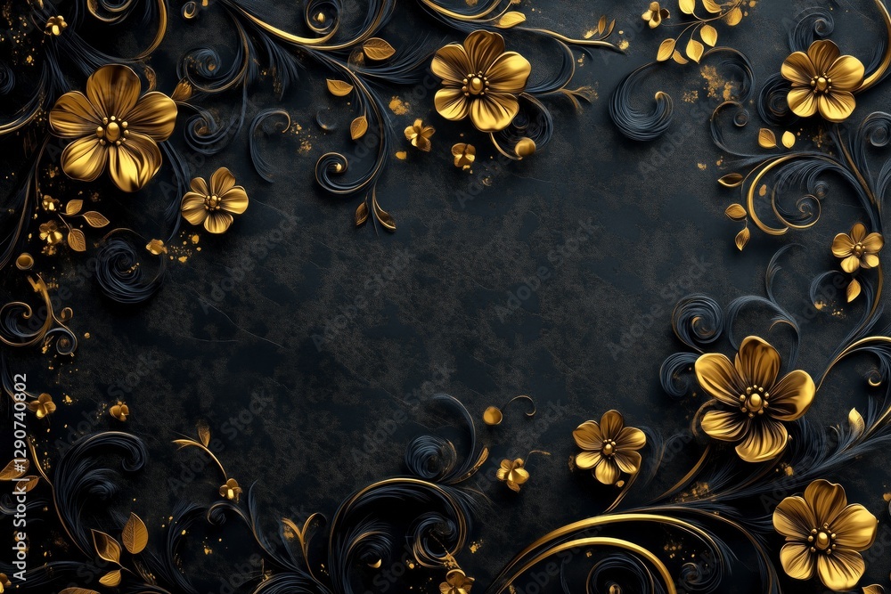 Poster golden floral patterns on dark background create elegant and intricate decorative design