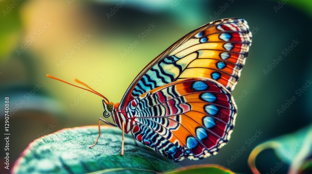 Leinwandbilder a macro photograph of a butterfly resting on a leaf, with its colorful wings spread wide, emphasizin