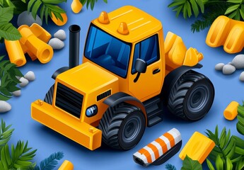 Isometric Illustration of a Yellow Tractor Surrounded by Rocks and Plants