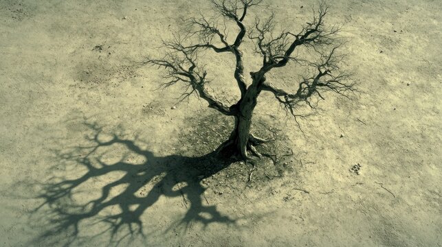 Aerial view of a dead tree in a dry landscape; environmental impact